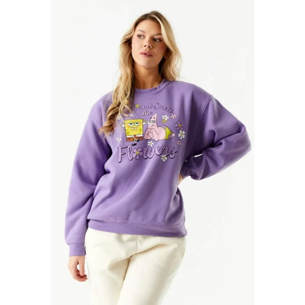 Purple SpongeBob Hoodie SquarePants and Patrick Flowers Sweatshirt Women’s Large